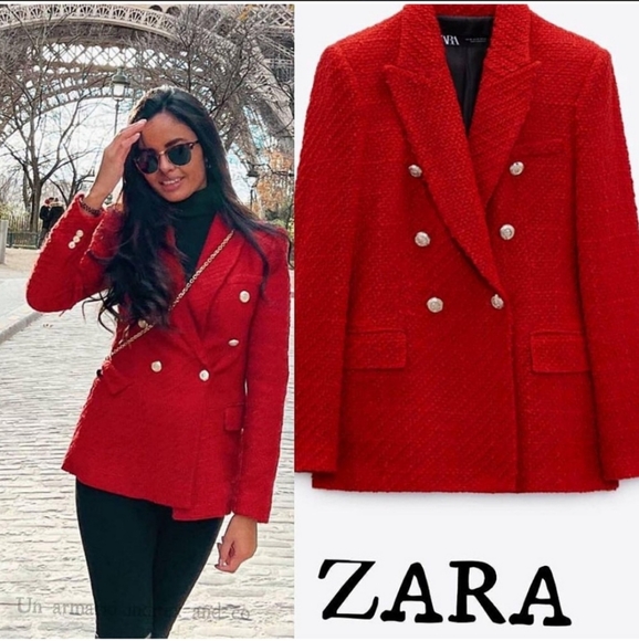 ZARA RED TEXTURED TWEED DOUBLE-BREASTED BLAZER size XS Kate Middleton - Picture 6 of 16